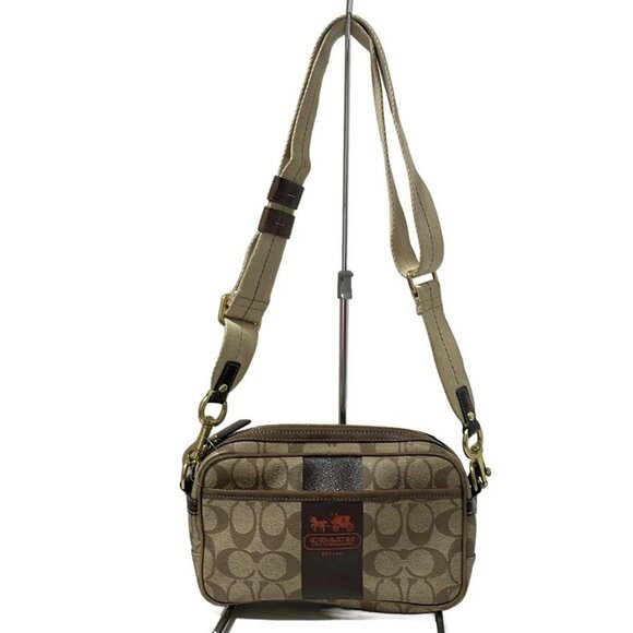 Auth COACH Signature Heritage Striped Flight Shoulder 11355 Khaki Dark Brown PVC - Picture 1 of 10